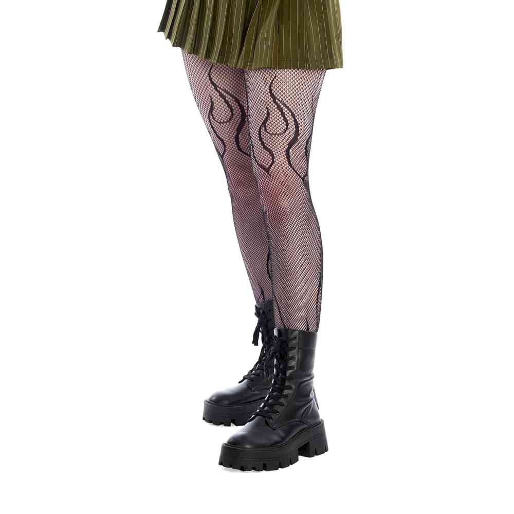 Banned - Flames Fishnet Tights - Black